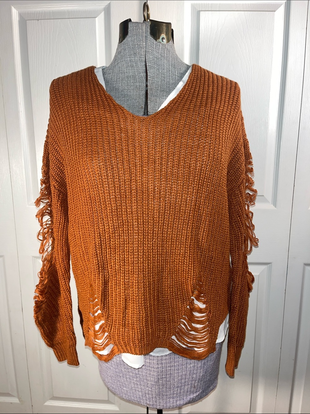 Rust Orange Distressed Knit Sweater - Women's Casual Pullover